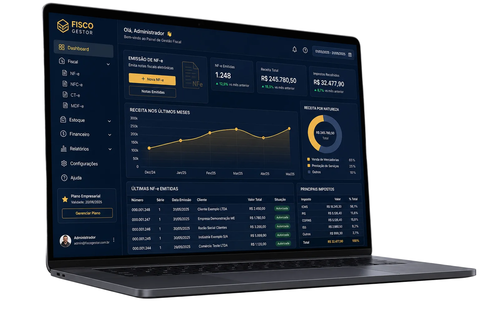 Dashboard 7System em notebook mostrando emissão fiscal e relatórios